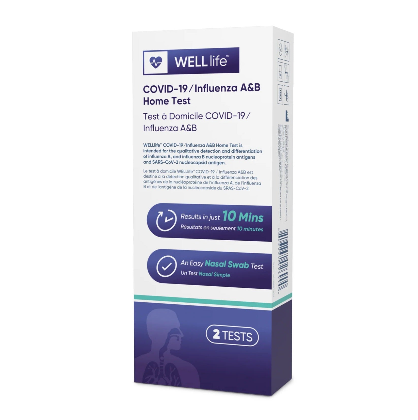 Box of 2 wondfo well life 3 in 1 rapid test for covid-19 and influenza A&B. Health Canada Approved.