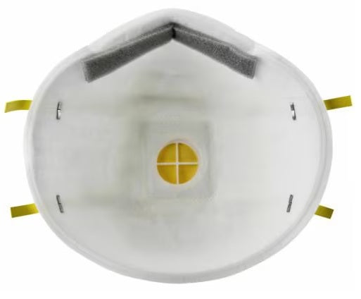 3M Canada 8210V N95 Respirator Mask inside view of nose foam and exhalation valve with head band straps
