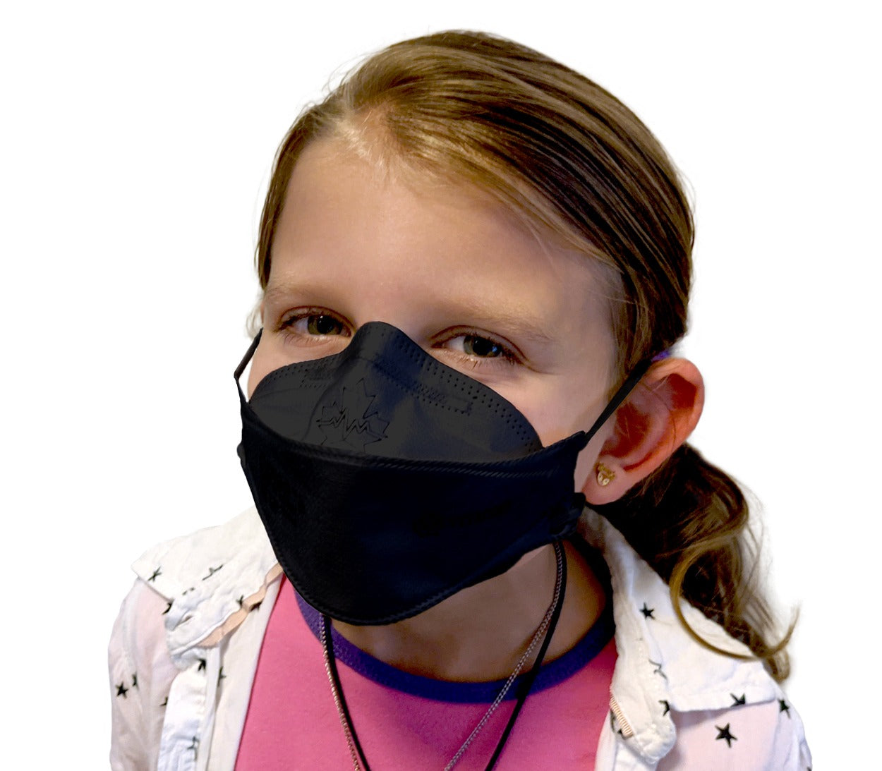 Child wearing black Vitacore CAN99e Canadian kids respirator mask made in Canada